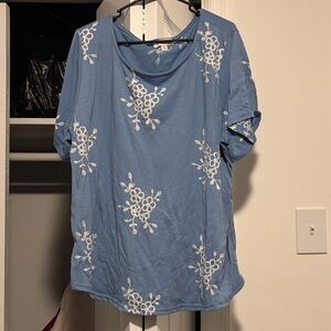 Annalise Chic Blue Blouse with White Embroidery